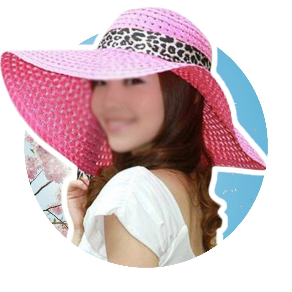 GROOVY GLAM Pink Wide Brim Woven Straw Hat Summer Floppy Leopard Band
